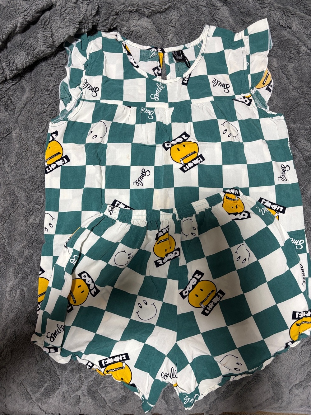 Forever 21 Green and White Checkered Two-Piece Set with Yellow Accents
